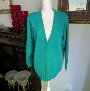 Vtg 80s/90s Paul et Duffier Womens Medium Turquoise Green Deep V-neck Sweater